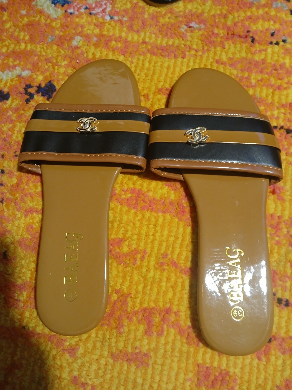 & Other Stories Tan and Black Slide Sandals with Gold Logo